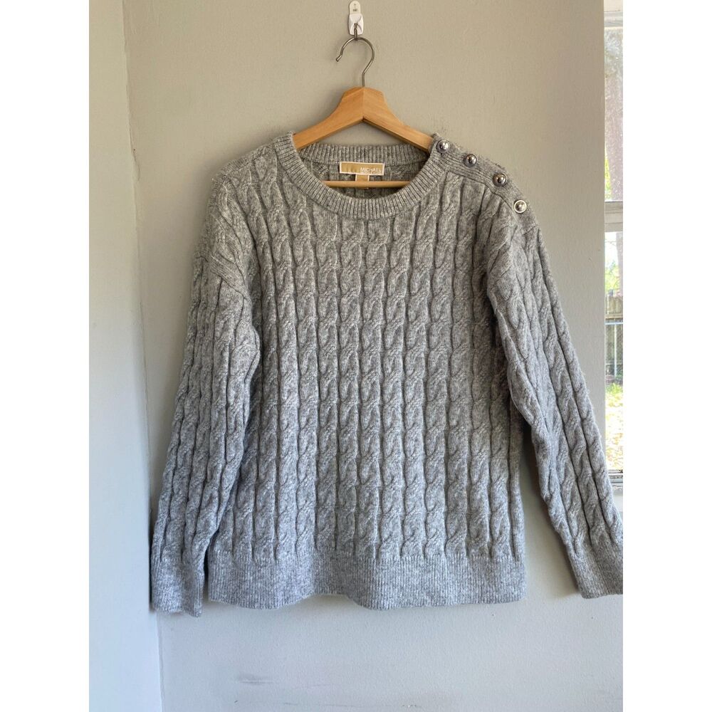 Michael Kors Gray Women's Cable Knit Sweater Silver Buttons Shoulder Accent M